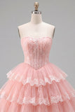 Pink A-Line Sweetheart Tulle Floral Corset Tiered Homecoming Dress