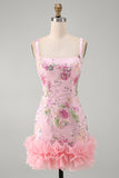 Pink Square Neck Bodycon Floral Sequins Homecoming Dress with Ruffles