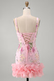 Pink Square Neck Bodycon Floral Sequins Homecoming Dress with Ruffles