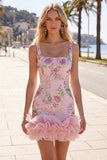 Pink Square Neck Bodycon Floral Sequins Homecoming Dress with Ruffles