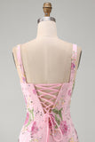 Pink Square Neck Bodycon Floral Sequins Homecoming Dress with Ruffles