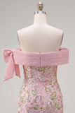 Off the Shoulder Pink Bodycon Floral Homecoming Dress with Sequins