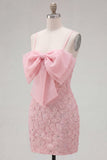 Pink Bodycon Spaghetti Straps Beaded Floral Homecoming Dress with Bow