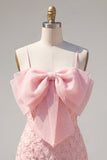 Pink Bodycon Spaghetti Straps Beaded Floral Homecoming Dress with Bow