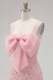 Pink Bodycon Spaghetti Straps Beaded Floral Homecoming Dress with Bow