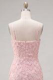 Pink Bodycon Spaghetti Straps Beaded Floral Homecoming Dress with Bow
