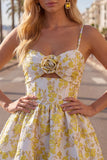 Yellow A-Line Spaghetti Straps Floral Homecoming Dress