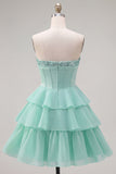 Mint A-Line Sweetheart Corset Chiffon Tiered Homecoming Dress