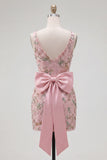 Pink V-Neck Bodycon Floral Homecoming Dress with Slit