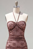 Chocolate Bodycon Halter Neck Ruched Homecoming Dress with Beading