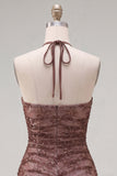 Chocolate Bodycon Halter Neck Ruched Homecoming Dress with Beading