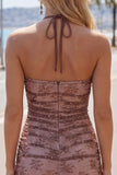 Chocolate Bodycon Halter Neck Ruched Homecoming Dress with Beading