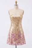 Sparkly A-Line Gold and Pink Strapless Sequins Homecoming Dress