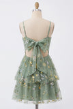 A-Line Dusty Sage Tulle Floral Corset Homecoming Dress with Bow