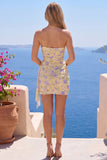 One Shoulder Bodycon Light Yellow Floral Homecoming Dress with Sash