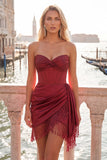 Burgundy Bodycon Sweetheart Corset Ruched Fringed Lace Up Back Homecoming Dress