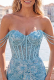 Pearl Off the Shoulder Pink Corset Floral Short Ball Dress with Sequins