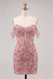 Pearl Off the Shoulder Pink Corset Floral Short Ball Dress with Sequins
