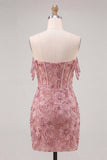 Pearl Off the Shoulder Pink Corset Floral Short Ball Dress with Sequins