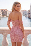 Pearl Off the Shoulder Pink Corset Floral Short Ball Dress with Sequins