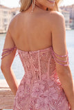 Pearl Off the Shoulder Pink Corset Floral Short Ball Dress with Sequins