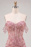 Pearl Off the Shoulder Pink Corset Floral Short Ball Dress with Sequins