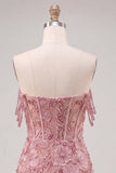 Pearl Off the Shoulder Pink Corset Floral Short Ball Dress with Sequins