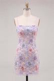 Lilac Floral Bodycon Spaghetti Straps Short Ball Dress with Beading