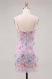Lilac Floral Bodycon Spaghetti Straps Short Ball Dress with Beading