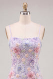 Lilac Floral Bodycon Spaghetti Straps Short Ball Dress with Beading