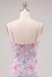 Lilac Floral Bodycon Spaghetti Straps Short Ball Dress with Beading