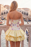 Strapless Pink Floral Tiered A-Line Short Ball Dress with Sequins