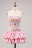 Strapless Pink Floral Tiered A-Line Short Ball Dress with Sequins