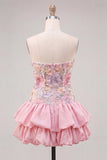Strapless Pink Floral Tiered A-Line Short Ball Dress with Sequins