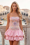 Strapless Pink Floral Tiered A-Line Short Ball Dress with Sequins