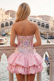 Strapless Pink Floral Tiered A-Line Short Ball Dress with Sequins