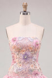 Strapless Pink Floral Tiered A-Line Short Ball Dress with Sequins