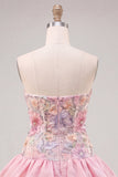 Strapless Pink Floral Tiered A-Line Short Ball Dress with Sequins