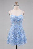 Light Blue Floral A-Line Spaghetti Straps Short Ball Dress with Appliques