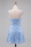 Light Blue Floral A-Line Spaghetti Straps Short Ball Dress with Appliques