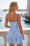 Light Blue Floral A-Line Spaghetti Straps Short Ball Dress with Appliques