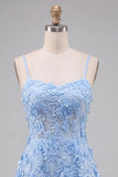 Light Blue Floral A-Line Spaghetti Straps Short Ball Dress with Appliques