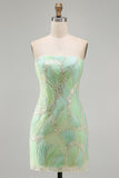 Strapless Mint Green Bodycon Sequins Short Ball Dress