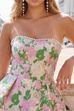 Sweetheart Pink Flower A-Line Jacquard Pearls Homecoming Dress with Bow