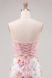 Pink Bodycon Strapless Floral Sequins Lace Up Back Homecoming Dress with Bow