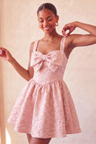 A-Line Jacquard Yellow Floral Lace Up Back Short Ball Dress with Bow