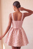 A-Line Jacquard Yellow Floral Lace Up Back Short Ball Dress with Bow