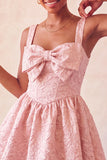 A-Line Jacquard Yellow Floral Lace Up Back Short Ball Dress with Bow