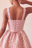 A-Line Jacquard Yellow Floral Lace Up Back Short Ball Dress with Bow