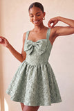 A-Line Jacquard Yellow Floral Lace Up Back Short Ball Dress with Bow